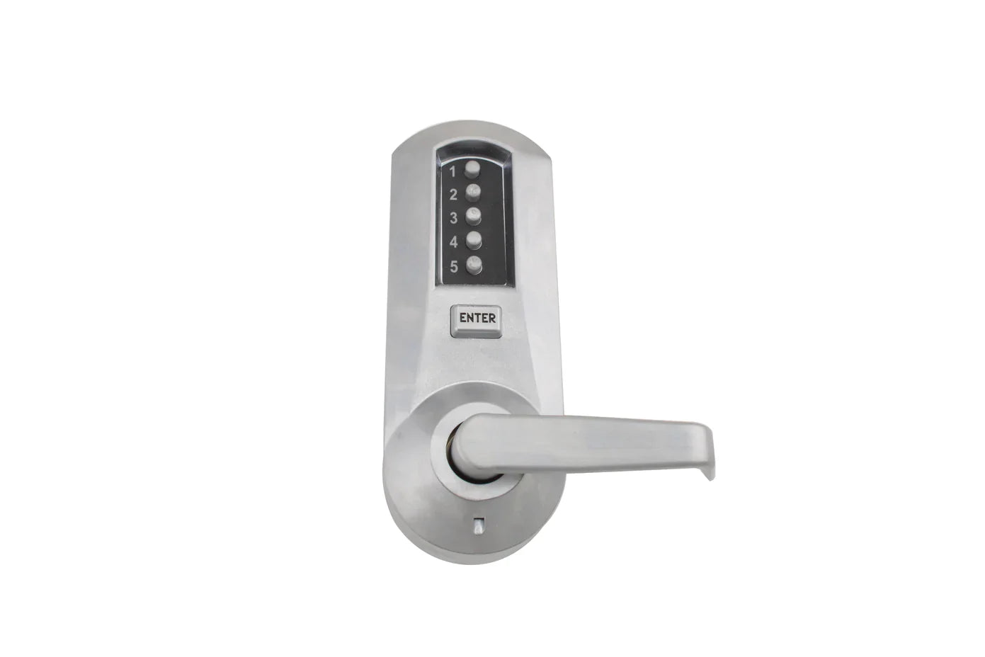 Silver keyed entry door handle with five-button keypad.