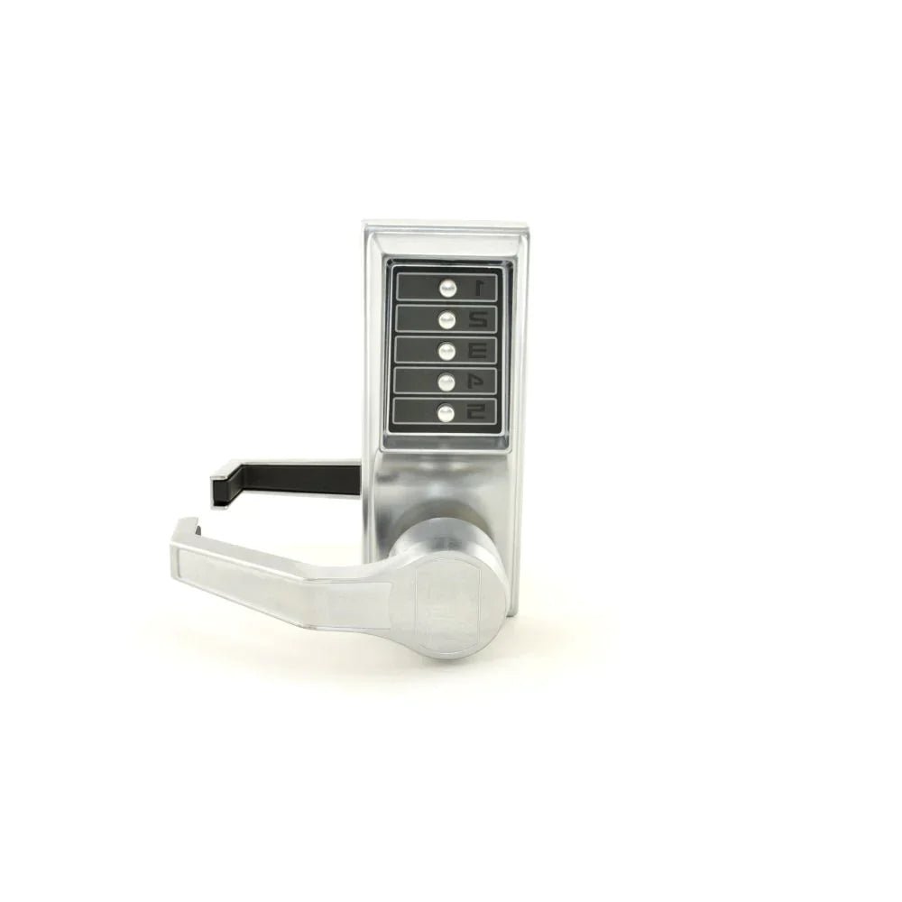 Silver combination door lock with lever handle.