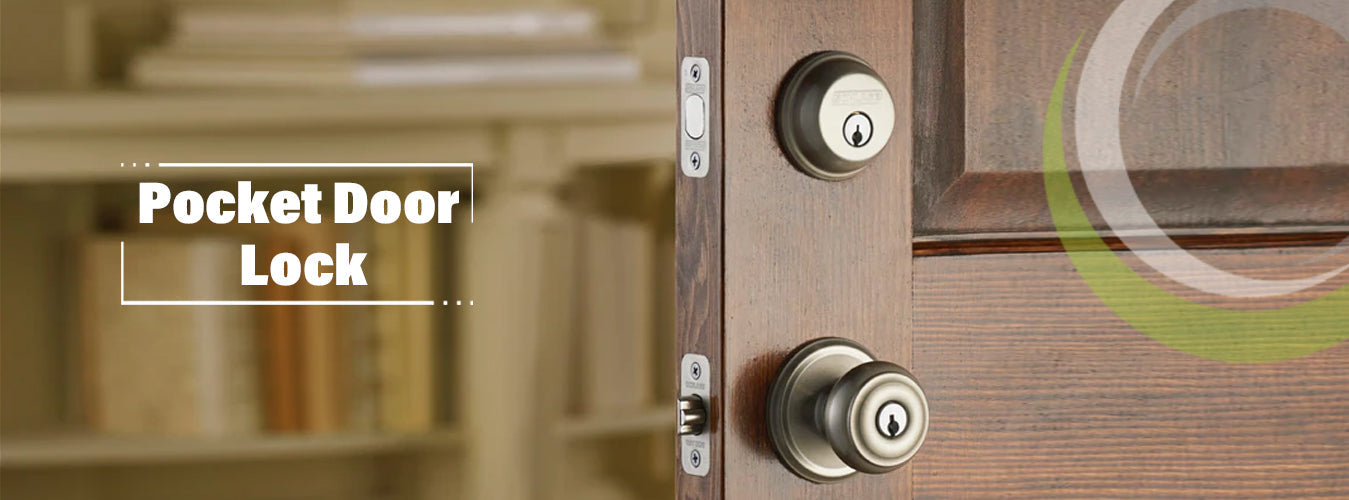 Silver pocket door lock installed on a dark wood door.