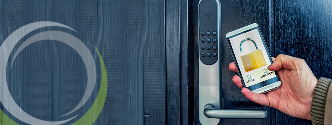 Smartphone unlocking a smart door lock via app.