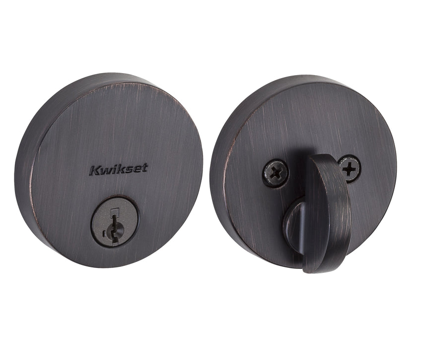 Kwikset 258RDT-11PS Uptown Round Contemporary Low Profile Single Cylinder SmartKey Deadbolt with 6AL Latch and RCS Strike KA3 Venetian Bronze Finish