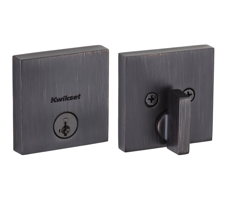 Kwikset 258SQT-11PS Downtown Square Contemporary Low Profile Single Cylinder SmartKey Deadbolt with 6AL Latch and RCS Strike KA3 Venetian Bronze Finish