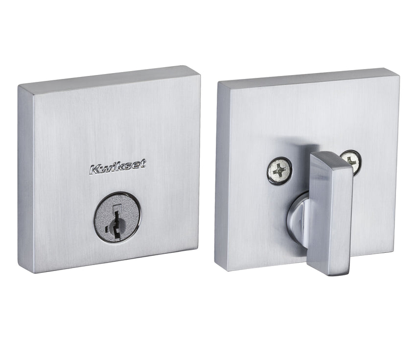 Kwikset 258SQT-26DS Downtown Square Contemporary Low Profile Single Cylinder SmartKey Deadbolt with 6AL Latch and RCS Strike KA3 Satin Chrome Finish