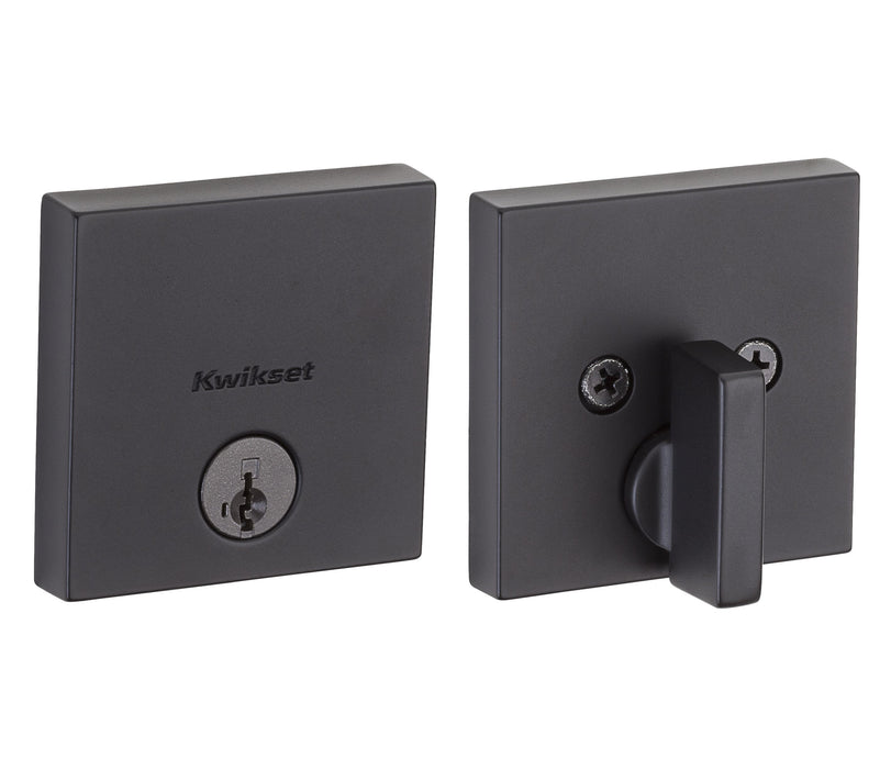 Kwikset 258SQT-514S Downtown Square Contemporary Low Profile Single Cylinder SmartKey Deadbolt with 6AL Latch and RCS Strike KA3 Matte Black Finish