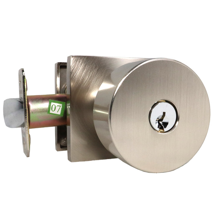 Emtek 5122ROUUS15.RLS Round Knob 2-3/8" and 2-3/4" Backset with Radius Latch Strike Keyed Entry with Square Rose for 1-1/4" to 2-1/16" Door Satin Nickel Finish