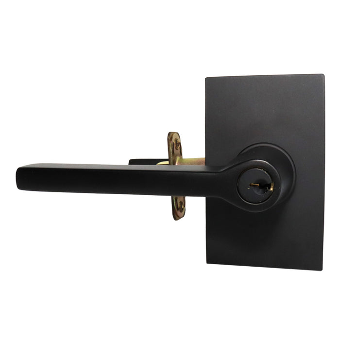 Emtek 5123HLOUS19LH.RLS Helios Lever Left Hand 2-3/8" Backset with Radius Latch Strike Keyed Entry with Modern Rectangular Rose for 1-1/4" to 2-1/16" Door Flat Black Finish