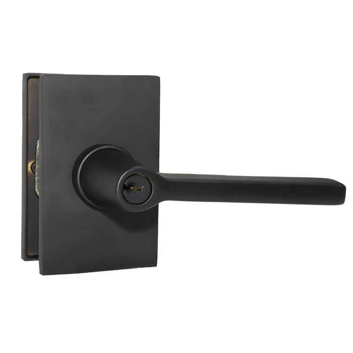 Emtek 5123HLOUS19RH.RLS Helios Lever Right Hand 2-3/8" Backset with Radius Latch Strike Keyed Entry with Modern Rectangular Rose for 1-1/4" to 2-1/16" Door Flat Black Finish