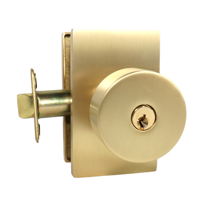 Emtek 5123ROUUS4.RLS Round Knob 2-3/8" Backset with Radius Latch Strike Keyed Entry with Modern Rectangular Rose for 1-1/4" to 2-1/16" Door Satin Brass Finish