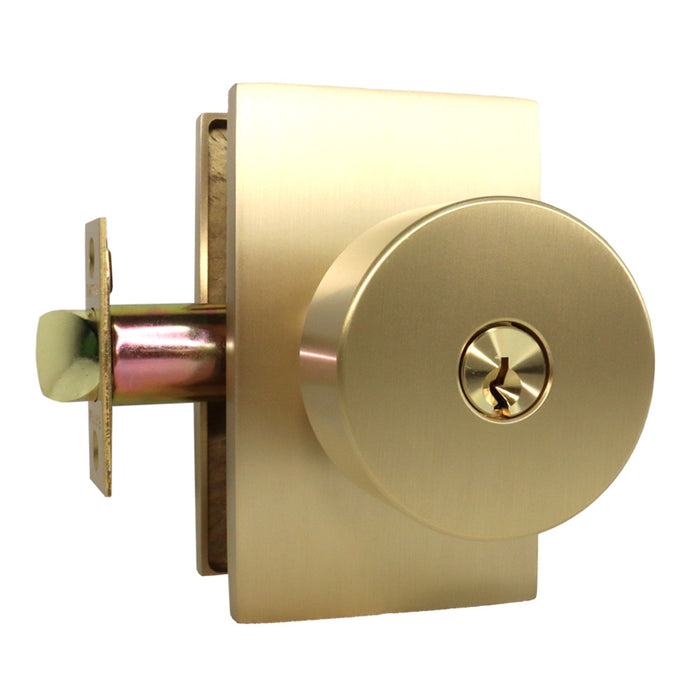 Emtek 5123ROUUS4 Round Knob 2-3/8" Backset Keyed Entry with Modern Rectangular Rose for 1-1/4" to 2-1/16" Door Satin Brass Finish