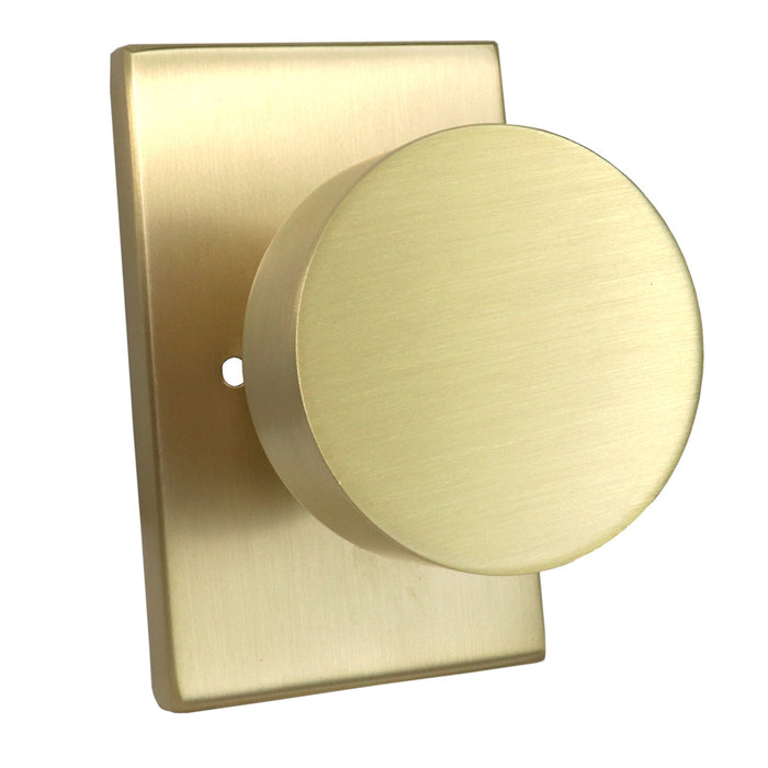 Emtek 5212ROUUS4.RLS Round Knob 2-3/8" Backset with Radius Latch Strike Privacy with Modern Rectangular Rose for 1-1/4" to 2" Door Satin Brass Finish