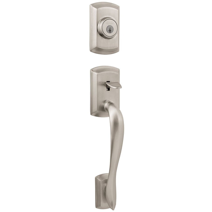 Kwikset 800AVHLIP-15S.STRKP Avalon Single Cylinder Exterior Handleset SmartKey with 6AL Latch and 5303 Round and Square Full Lip Strikes Satin Nickel Finish