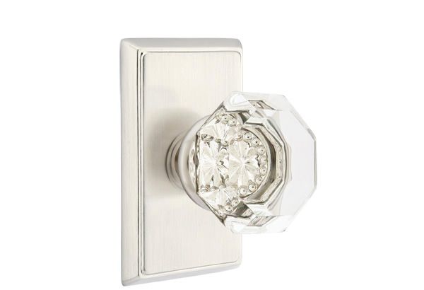 Emtek 8121OTUS15 Old Town Glass Knob 2-3/8" Backset Passage with Rectangular Rose for 1-1/4" to 2" Door Satin Nickel Finish