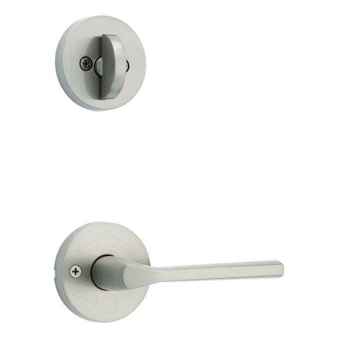 Kwikset 966LSLRDT-15V1 Lisbon Lever with Round Rose Interior Single Cylinder Handleset Trim with New Chassis Satin Nickel Finish