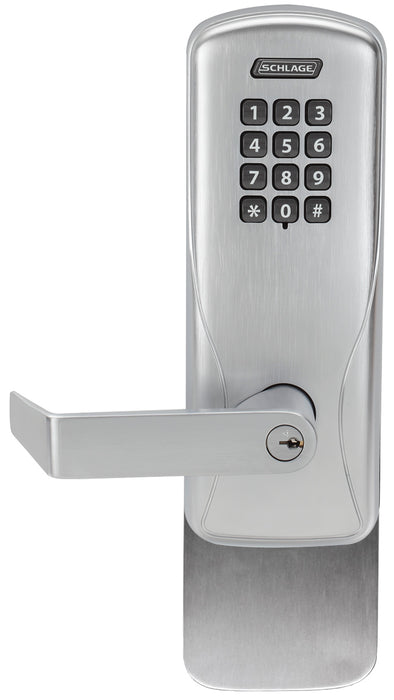 Schlage Electronic CO100993R70KPRHO626 Standalone Keypad Programmable Electronic Lock Rim Exit Trim Classroom / Storeroom Keypad Rhodes Lever with C Keyway Satin Chrome Finish