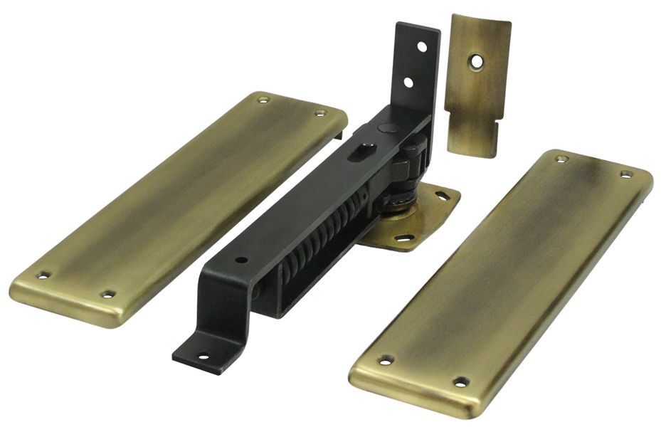 Deltana DASH95U5 Spring Hinge; Double Action with Solid Brass Cover Plates; Antique Brass Finish