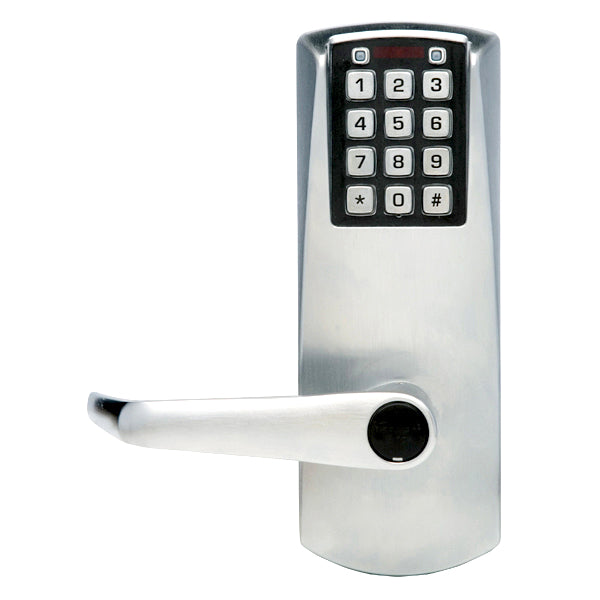 Kaba Simplex E2031XSLL606 Eplex Cylindrical Electronic Pushbutton Lock with 1/2" Throw and 2-3/4" Backset; Key in Lever; Long Lever Satin Brass Finish