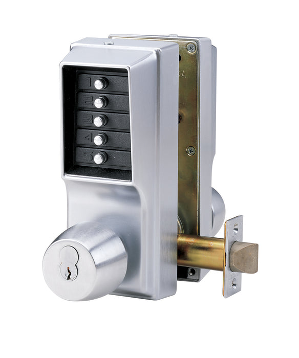 Kaba Simplex EE1021SEE102126D Back to Back Mechanical Pushbutton Lock; Cylindrical with Knob and Double Key Override; Entry Egress with 2-3/4" Backset and Schlage Prep Satin Chrome Finish