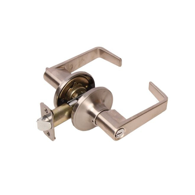 Pamex FLU600 Calypso Lever with Round Rose Keyed Entry Lockset Grade 3 with KW1 Keyway Satin Nickel Finish