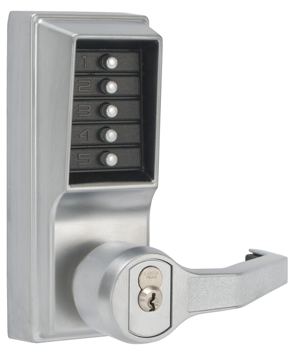 Kaba Simplex LR1021R26D Right Hand Mechanical Pushbutton Lever Lock with Key Override; Sargent Prep and 2-3/4" Backset Satin Chrome Finish