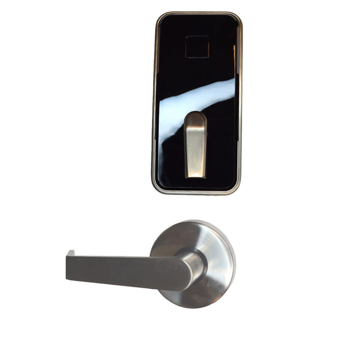 Dormakaba MN002ETCBTCB0100L Saffire Electronic LX-I Interconnect RFID Lockset; 3 Hour Fire Rating; Troy Lever; Bluetooth (BLE); ELO; LH or RHR; 4" Center to Center; 2-3/4" Square Corner Backset; T Strike; Satin Chrome with Black Facia Finish