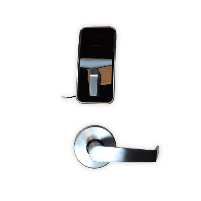 Dormakaba MN002ETCBTCB1100R Saffire Electronic LX-I Interconnect RFID Lockset; 3-Hour Fire Rating; Troy Lever; Bluetooth (BLE); ELO; RH or LHR; 5-1/2" Center to Center; 2-3/4" Square Corner Backset; T Strike; Satin Chrome with Black Facia Finish