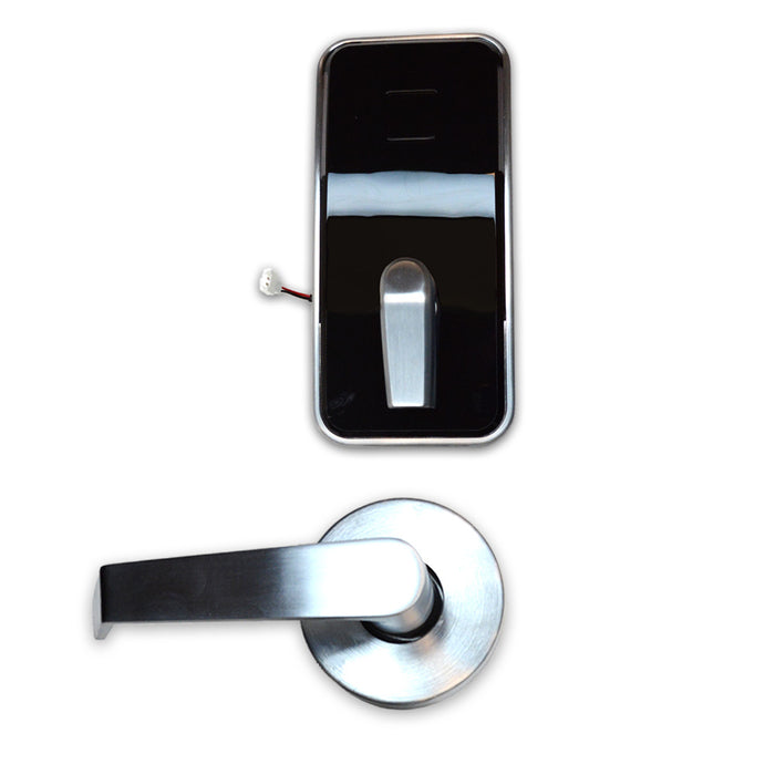 Dormakaba MN002ETNBTNB0100L Saffire Electronic LX-I Interconnect RFID Lockset; 3-Hour Fire Rating; Troy Lever; Bluetooth (BLE); ELO; LH or RHR; 4" Center to Center; 2-3/4" Square Corner Backset; T Strike; Satin Nickel with Black Facia Finish