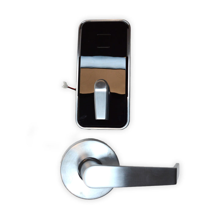 Dormakaba MN002ETNBTNB0100R Saffire Electronic LX-I Interconnect RFID Lockset; 3-Hour Fire Rating; Troy Lever; Bluetooth (BLE); ELO; RH or LHR; 4" Center to Center; 2-3/4" Square Corner Backset; T Strike; Satin Nickel with Black Facia Finish